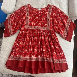 TDDPSSHDP Medium Boho Blouse Brick Red Elbow Length Sleeve Boho Top/Dress
